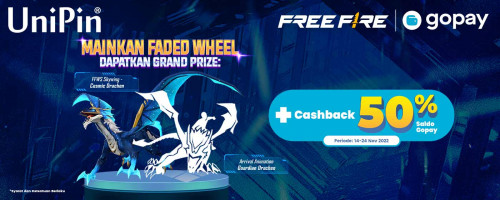 November – Mainkan Faded Wheel dan Dapatkan Grand Prize: Arrival Animation Guardian Drachen, FFWS Skywing - Cosmic Drachen + Cashback 50% Saldo Gopay!